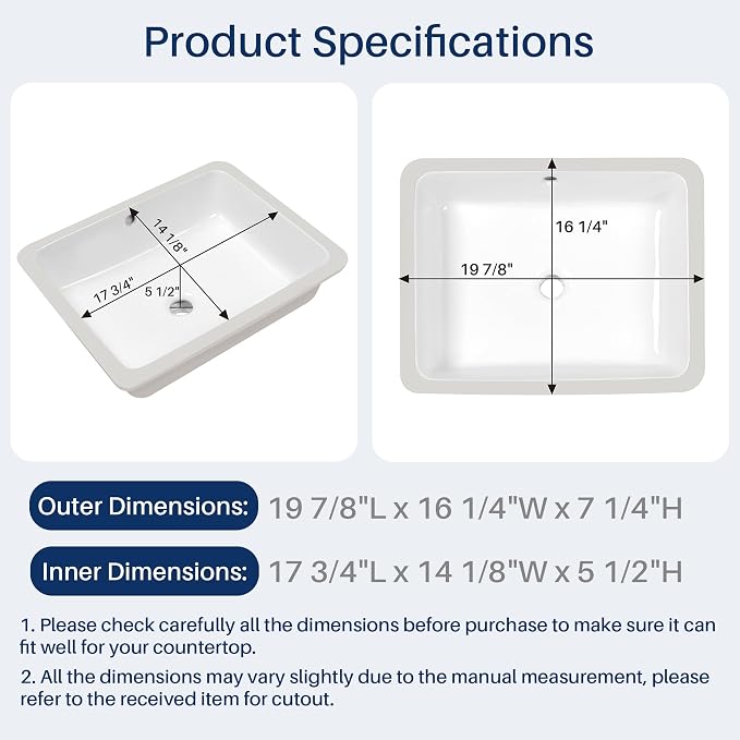 Enbol 20x16 inch Undermount Bathroom Sinks Rectangular White Porcelain Vessel Sink Modern Under Counter Lavatory Basin ECU1713