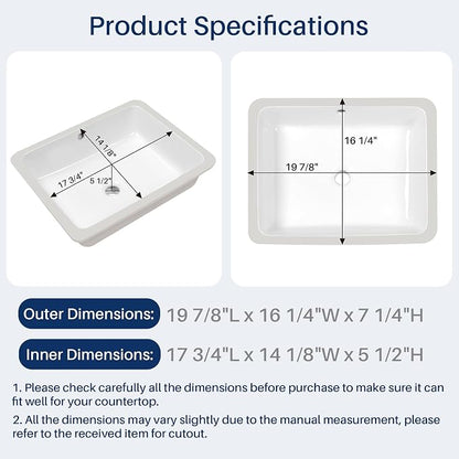 Enbol 20x16 inch Undermount Bathroom Sinks Rectangular White Porcelain Vessel Sink Modern Under Counter Lavatory Basin ECU1713