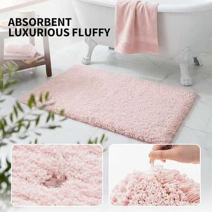 ILANGO Pink Christmas Bathroom Rugs 36" × 24" Non Slip & Super Absorbent Extra Thick Soft, Washable Bath Mat for Floor, Non Shedding Microfiber Shaggy Bath Rug with Rubber for Bathtub Sink