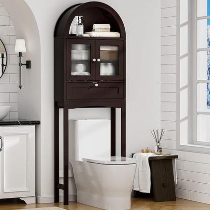 Spurgehom Over The Toilet Storage Cabinet with Glass Door (Coffee) | Freestanding Bathroom Shelf Equipped with Anti-Tipping Device, Space-Saving Vertical Toiletries Storage Cabinet