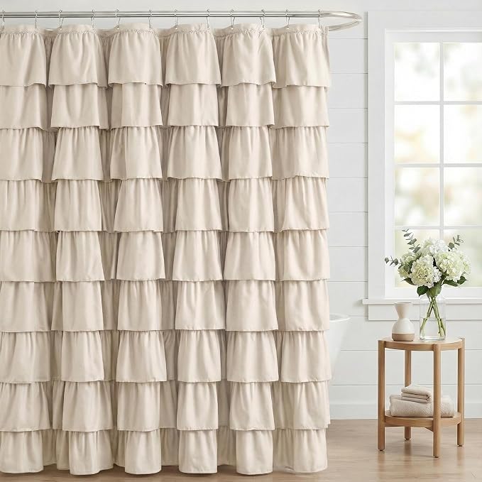 Seasonwood Small Beige Ruffle Shower Curtain Natural Farmhouse, 72"x72" | Cascading full-length fabric tiers, soft dimensional texture, vintage shabby chic styling for decorative bathroom updates