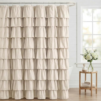 Seasonwood Small Beige Ruffle Shower Curtain Natural Farmhouse, 72"x72" | Cascading full-length fabric tiers, soft dimensional texture, vintage shabby chic styling for decorative bathroom updates