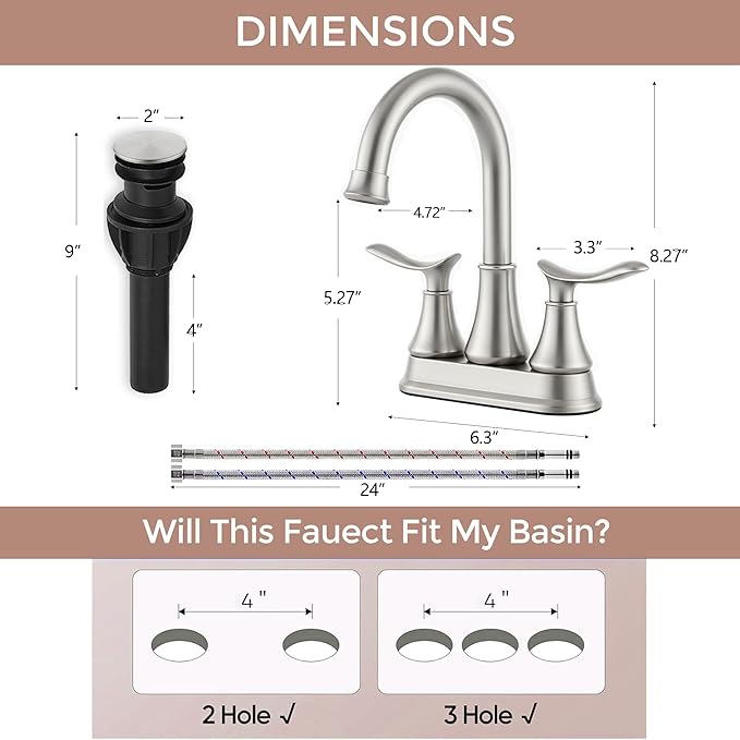KINGO HOME Modern Brushed Nickel 2-Handle Bathroom Faucet, 4 inch Centerset RV Bathroom Sink Faucet Lavatory Bath Sink Vanity Faucet with Water Supply Lines and Pop Up Drain