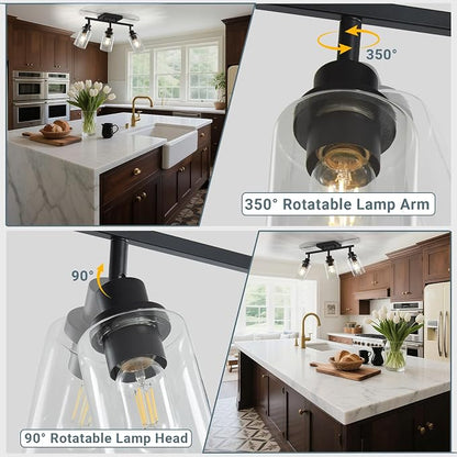 LOUSACE 3 Light Kitchen Track Light Fixtures Ceiling Vanity Lights Black, Bathroom Track Lighting Kit w/Rotatable Heads & Clear Glass Shade, Modern Wall Ceiling Tracking Light for Accent Shop Hallway