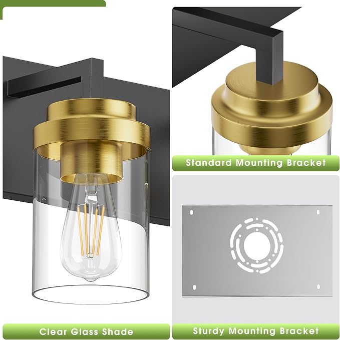 Bathroom Lighting Fixtures, 4-Light Bathroom Vanity Lights Over Mirror, Black and Gold Vanity Light with Glass Shade, Modern Vanity Lighting Fixtures for Bathroom, Bedroom, Hallway
