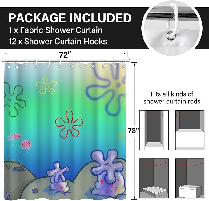 Cute Anime Cartoon Green Ocean Beach Kids Shower Curtain Set 72x78 Inches | Cute Anime Cartoon Green Ocean Beach Print, Gradient Underwater Housewarming Sea Lover Guest Kids Bathroom Decor, With Hooks