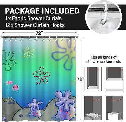 Cute Anime Cartoon Green Ocean Beach Kids Shower Curtain Set 72x78 Inches | Cute Anime Cartoon Green Ocean Beach Print, Gradient Underwater Housewarming Sea Lover Guest Kids Bathroom Decor, With Hooks