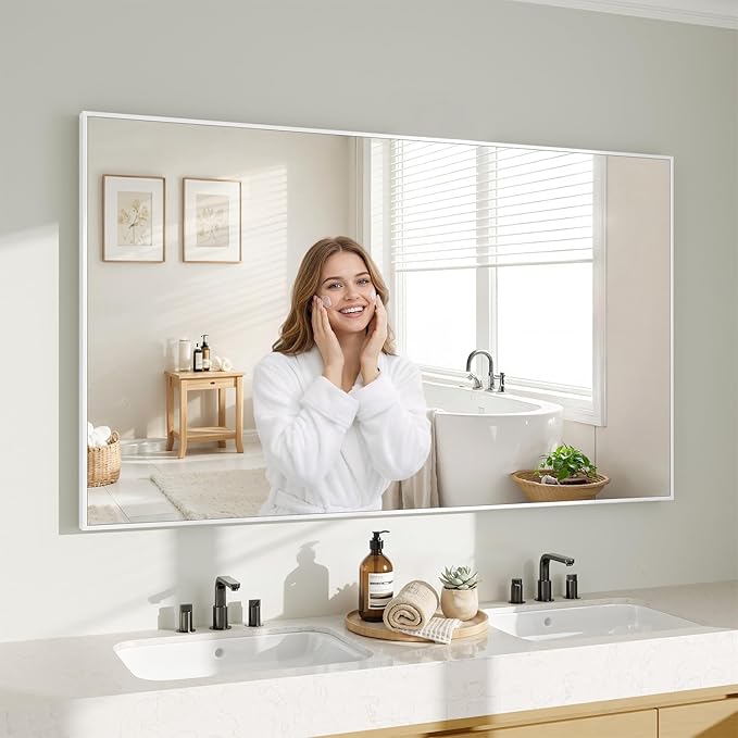 Koonmi White Rectangle Wall Mirror, 30x55 Inch Bathroom Mirror, Aluminum Frame Vanity Mirror for Entryway, Living Room, Bedroom Bathroom, Hangs Horizontally or Vertically