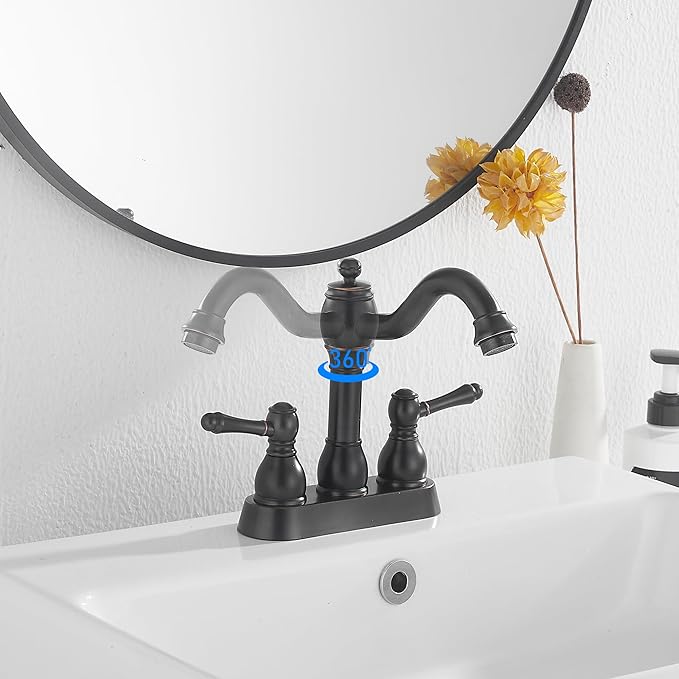 GGStudy Oil Rubbed Bronze Bathroom Faucet 2 Handles 4 Inches Centerset RV Bathroom Vanity Faucet with Drain Assembly and Supply Hose Lavatory Faucet