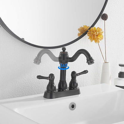 GGStudy Oil Rubbed Bronze Bathroom Faucet 2 Handles 4 Inches Centerset RV Bathroom Vanity Faucet with Drain Assembly and Supply Hose Lavatory Faucet