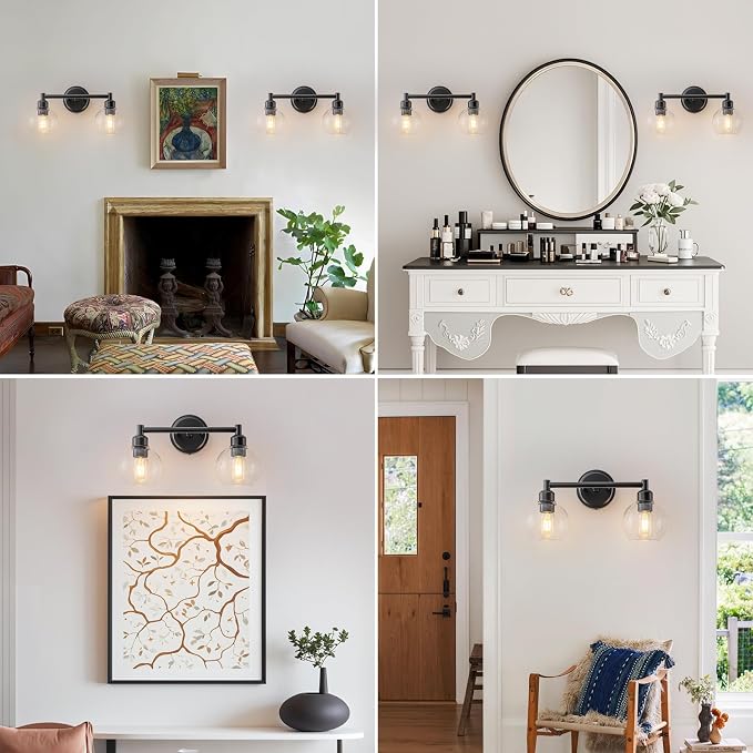 Bathroom Light Fixtures,2-Light Modern Bathroom Vanity Light,Black Wall Sconce with Clear Glass Globe Shades,Wall Lights Over Mirror for Kitchen,Bedroom,Hallway,Living Room