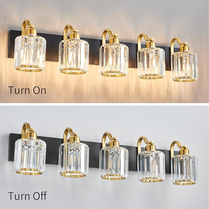Black Gold Crystal Crooked Vanity Lights Over Mirror 5 Lights Bathroom Wall Lighting Fixtures with Round Shade (Exclude Bulb)