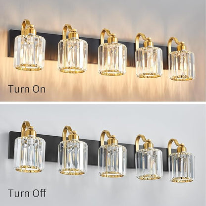 Black Gold Crystal Crooked Vanity Lights Over Mirror 5 Lights Bathroom Wall Lighting Fixtures with Round Shade (Exclude Bulb)