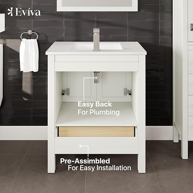 Eviva London 30 in. White Single Sink Bath Vanity with Carrara Quartz Top and Undermount Porcelain Sink