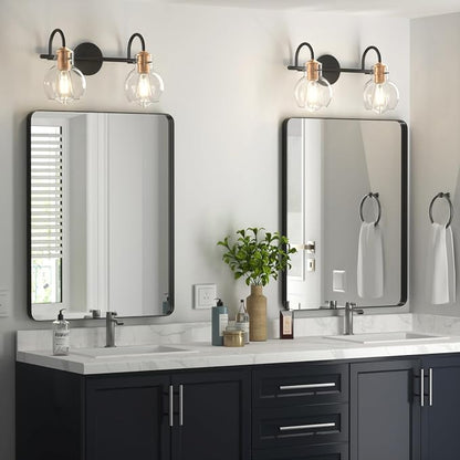 2 Light Bathroom Vanity Light, Black and Red Copper Bathroom Light Fixtures Over Mirror, Modern Copper Vanity Fixtures with Clear Glass Shade, Black Wall Sconce for Living Room
