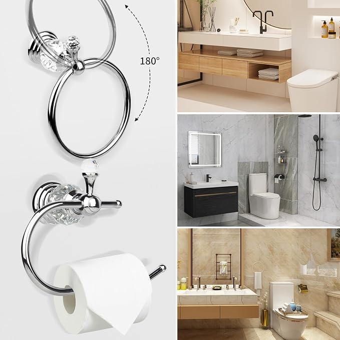 2 Pieces Sets Silver Crystal Series Toilet Paper Holder Wall Mouted Towel Ring, Gold Round Hand Towel Rack Decorative for Bathrooms
