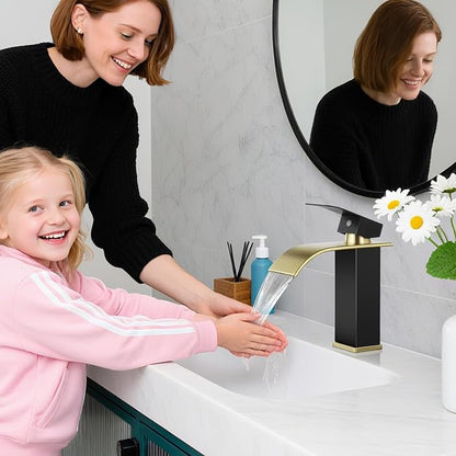 Bathroom Faucets Black and Gold Waterfall Bathroom Sink Faucet | with Pop-up Drain Supply Hoses and Deck,Single Handle Vanity Faucet,Stainless Steel,1 or 3 Hole,RV,Farmhouse Bathrooms
