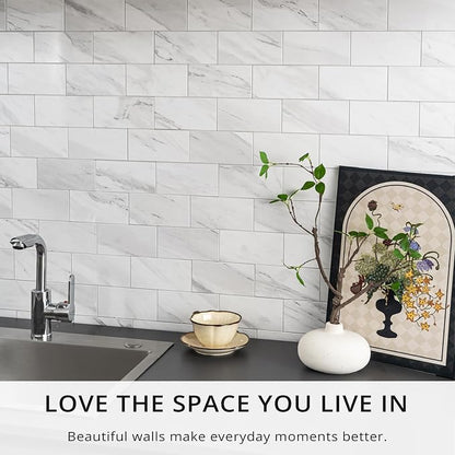 StyloVue 100 Pieces Peel and Stick Backsplash for Kitchen, 3" x 6" PVC Subway Tile, 2026 Upgraded Sparkle White Marble, Stick on Wall Tile for Kitchen, Bathroom, Fireplace, RV