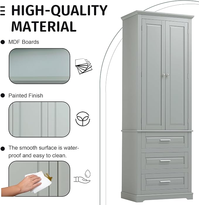 Merax 70" Pantry Cabinet with Two Doors & Three Drawer, Adjustable Shelves Storage Cupboard for Kitchen/Dining Room/Bathroom, Gray