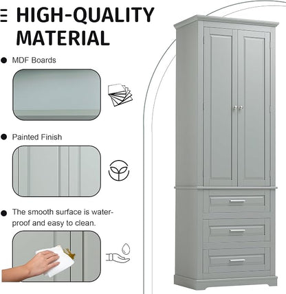 Merax 70" Pantry Cabinet with Two Doors & Three Drawer, Adjustable Shelves Storage Cupboard for Kitchen/Dining Room/Bathroom, Gray