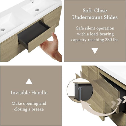 60 Inch Floating Bathroom Vanity with Double Sink, Large Storage Wall Mounted Floating Vanity with Soft Close Drawers, One-Piece Basin Bathroom Sink Cabinet (Natural Oak, 60" Double Sink)
