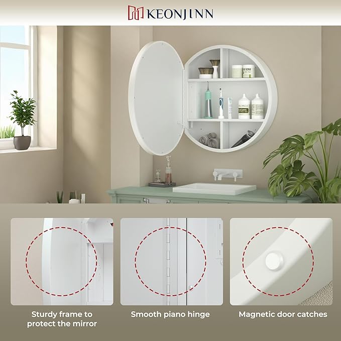 Keonjinn 26 Inch Round Medicine Cabinet with Lights, White LED Bathroom Medicine Cabinet Mirror, Circle, Electrical Outlet, 3 Color Lights, Anti-Fog, Dimmable, Surface Mount Only