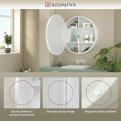 Keonjinn 30 Inch Round Lighted Medicine Cabinet, White LED Medicine Cabinet Mirror, Circle, Electrical Outlet, 3 Color Lights, Anti-Fog, Dimmable, Surface Mount Only