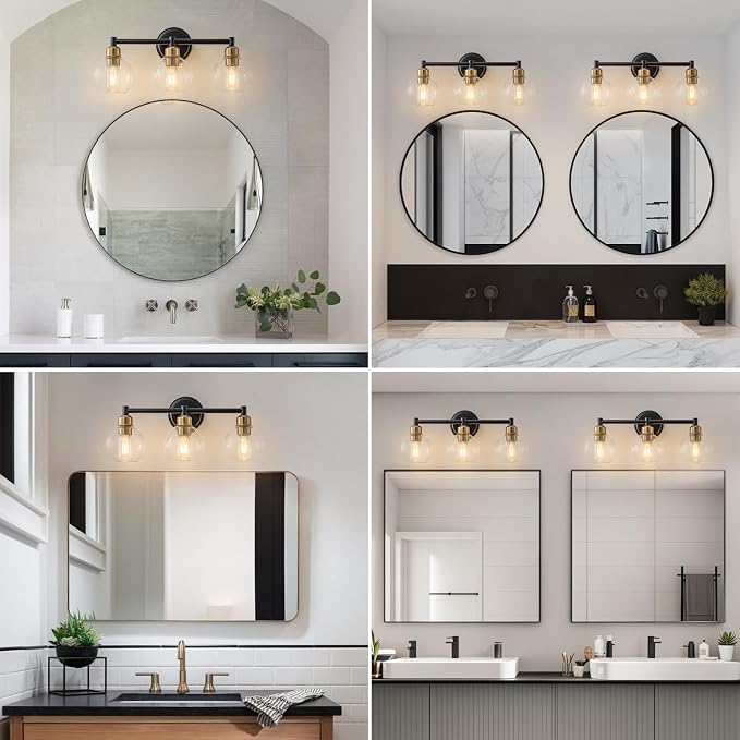 Bathroom Light Fixtures,3-Light Modern Bathroom Vanity Light,Black and Gold Wall Sconce with Clear Glass Globe Shades,Adjustable Brightness Wall Lights for Kitchen,Bedroom,Hallway,Living Room
