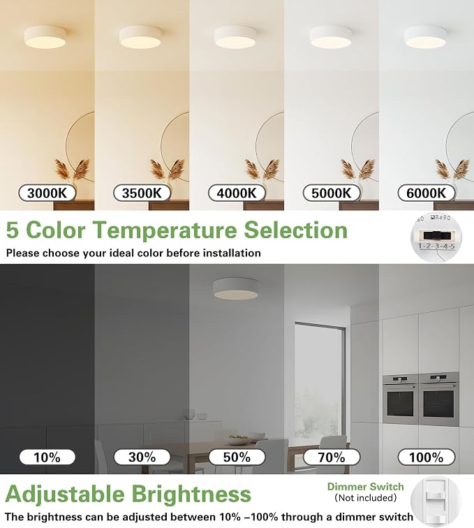 Modern LED Round Flush Mount Ceiling Light Fixture,White,11.81 inch | Dimmable,24Watts,Bright Adjustment,5CCT 3000K/3500K/4000K/5000K/6000K,Matte,Metal,for Kitchen,Bedroom,Bathroom,Hallway,Closet