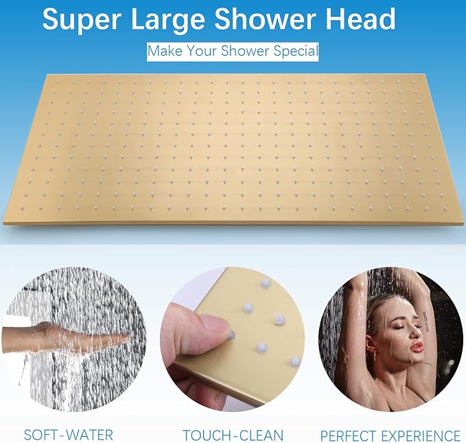 Brushed Gold Rain Shower System Thermostatic Bathroom Faucet Set 16X32 Inch Ceiling Mount Shower Head Set Complete With Thermostatic Control Valve Use All In One