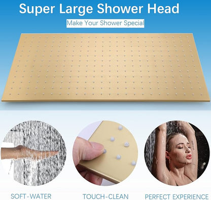 Brushed Gold Rain Shower System Thermostatic Bathroom Faucet Set 16X32 Inch Ceiling Mount Shower Head Set Complete With Thermostatic Control Valve Use All In One