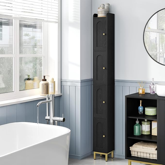 Hzuaneri 4-Tier Narrow Tall Storage Cabinet | Slim Bathroom Storage Cabinet with 4 Adjustable Feet and Shelves, for Living Room, Laundry Room, Black, 7.9"Dx7.9"Wx70.9"H