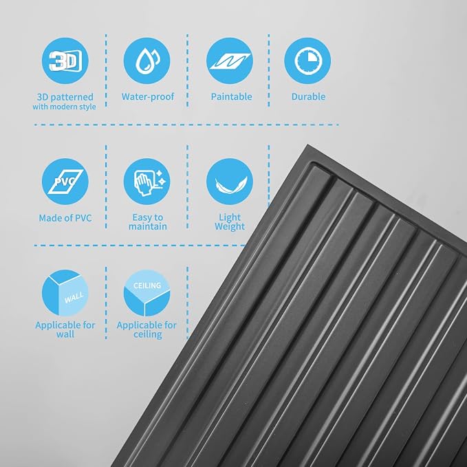 Art3d 6-Pack Slat Design 3D Wall Panels for Interior Wall Decor, 2x4 FT PVC Decorative Drop Ceiling Tiles - Black | 24" x 48" , Lightweight, Break-Proof, Compatible with Grid System, Ideal for Home, Commercial Spaces