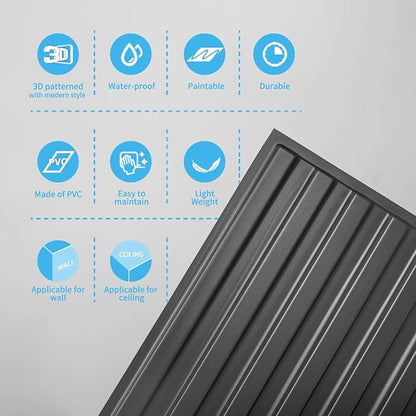Art3d 12-Pack Slat Design 3D Wall Panels for Interior Wall Decor, 2x4 FT PVC Decorative Drop Ceiling Tiles - Black | 24" x 48" , Lightweight, Break-Proof, Compatible with Grid System, Ideal for Home, Commercial Spaces