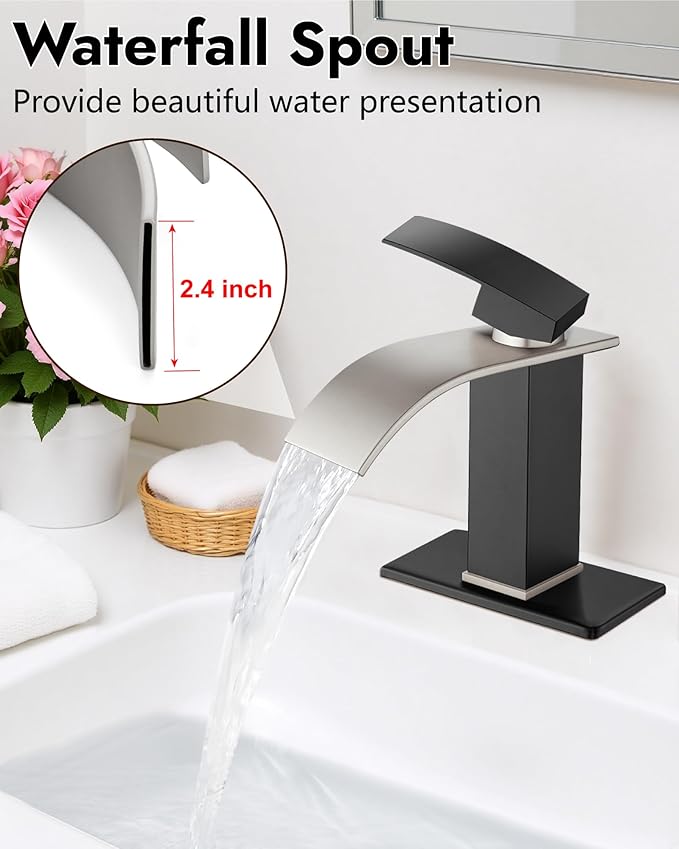 Midanya Bathroom Faucet with Waterfall Spout, Single Hole or 3-Hole Deck Mount, 304 Stainless Steel Sink Faucet with Pop-Up Drain, RV Vanity Compatible,Brushed Nickel Spout/Matte Black