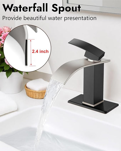 Midanya Bathroom Faucet with Waterfall Spout, Single Hole or 3-Hole Deck Mount, 304 Stainless Steel Sink Faucet with Pop-Up Drain, RV Vanity Compatible,Brushed Nickel Spout/Matte Black