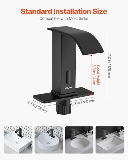 VEVOR Touchless Bathroom Sink Faucet, Automatic Motion Sensor Waterfall Restroom Toilet Faucet with Hole Cover Plate, Battery Operated,Hot/Cold Water for 9/16 in Pipe Commercial Lavatory,Matte Black