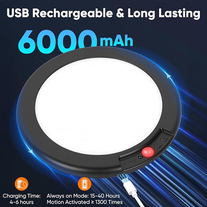 Rechargeable Motion Sensor Ceiling Light, Battery Operated Closet Light | Wireless Battery Powered LED Shower Light, Magnetic Cordless Ceiling Light with Remote, Overhead Lamp for Pantry Shed, Black