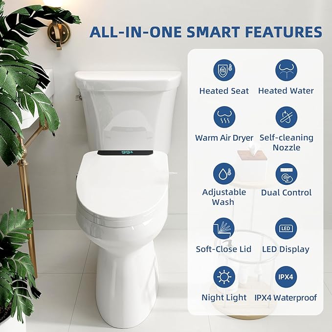 Heated Bidet Toilet Seat Elongated with LED Display & Remote Control - Smart Soft Close Toilet Seat Electric Bidet with Dryer, Warm Water, Feminine Wash, Self-Cleaning Nozzle, IPX4, White
