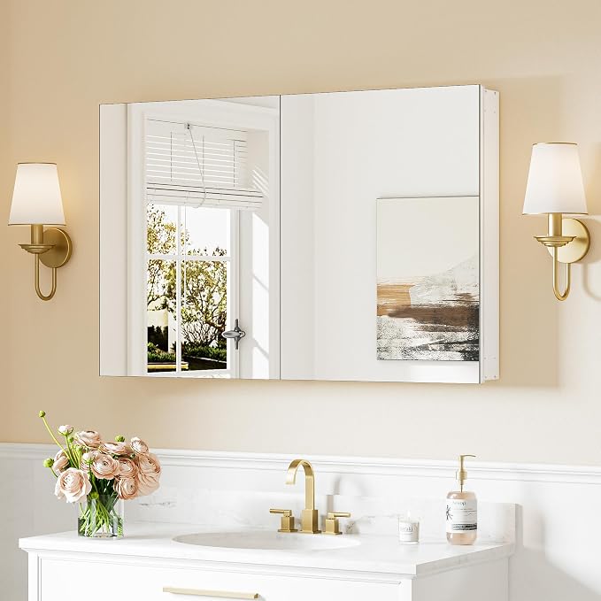 Keonjinn 40"x 26" White Bathroom Medicine Cabinet Mirror, Tempered Glass | Effortless Assembly, Lightweight, Wall-mounted or Recessed, Adjustable Shelves, Soft Close, Bathroom Mirror with Storage