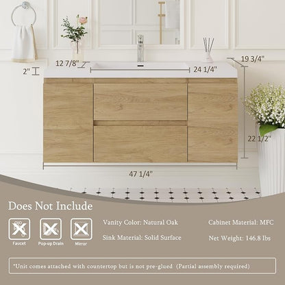 KEIKI 48'' Wall-Mounted Bathroom Vanity with Sink - Floating Design, 2 Soft-Close Drawers & Doors & Resin Basin, Space-Saving for Small Bathrooms, Natural Oak