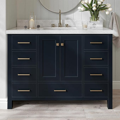 ARIEL Cambridge 48-inch Bathroom Vanity with Sink,Solid Wood, 1.5-inch Italian Carrara Marble Countertop, Single Rectangular Porcelain Sink, 2 Soft Closing Doors, 9 Dovetail Drawers, Midnight Blue