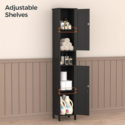 Tall Bathroom Storage Cabinet with 2 Doors, 67"H Narrow Storage Cabinet with Adjustable Shelves& Anti-Tip Design, Reversible Door Installation, Easy Assembly, 11.8 x 11.8 x 66.9 Inches, Black