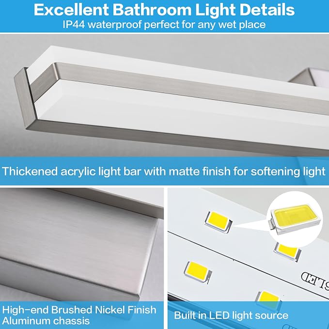 SOLFART Bathroom Light Fixtures Brushed Nickel 40 Inches Modern LED Bathroom Light Fixtures Over Mirror Dimmable Wall Lights S8200-1020mm-NK-D