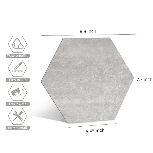 W&S 1-Sheet Matte Warm Grey Peel and Stick Flooring Tile,Thicker Hexagon Stick on Backplash for Kitchen,Self Adhesive Faux Stone Floor Tile for Living Room,Bathroom,Bedroom