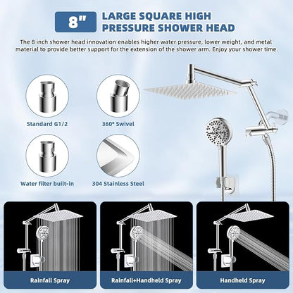 Metal Rain Shower Head with Handheld, 8“ High-Pressure Showerhead,10-Mode | Chrome, Rainfall Shower Head with 5" Large Handheld Spray, Adjustable 16" Shower Extension Arm/71" Hose, Brass 3-Way Diverter