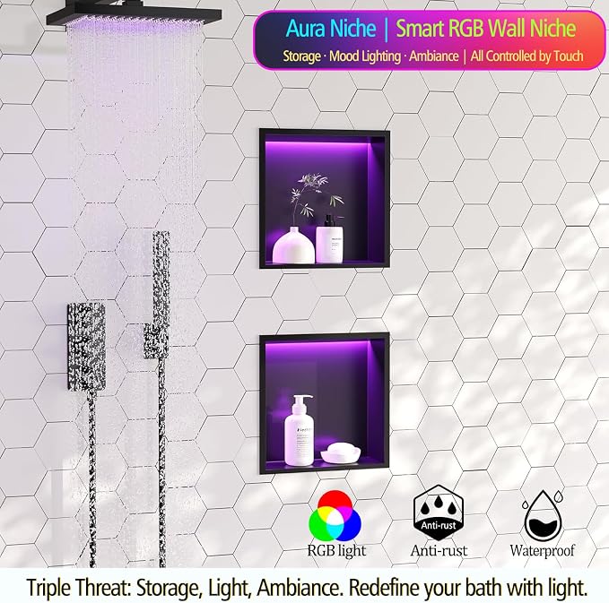 RGB LED Light Shower Niche, Matte Black 12X12 in Stainless Steel Recessed Storage with Remote Control, Waterproof No Tile Needed Wall Niche for Bathroom Storage Built-in Installation