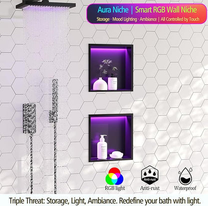 RGB LED Light Shower Niche, Matte Black 12X12 in Stainless Steel Recessed Storage with Remote Control, Waterproof No Tile Needed Wall Niche for Bathroom Storage Built-in Installation