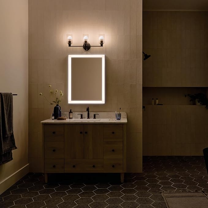 Kichler Gioe 24.25" 3-Light Vanity Light with Clear Fluted Glass in Black, Damp Rated, for Bathroom, Powder Room, Over a Mirror, (24.25" W x 10.5" H), 55226BKFLU