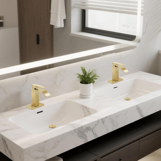Bathroom Faucets Brushed Gold Waterfall Bathroom Sink Faucet 2 Pack | with Pop-up Drain & Deck,Supply Hoses,Single Handle Vanity Faucet,Stainless Steel,1 or 3 Hole,RV,Farmhouse Bathrooms
